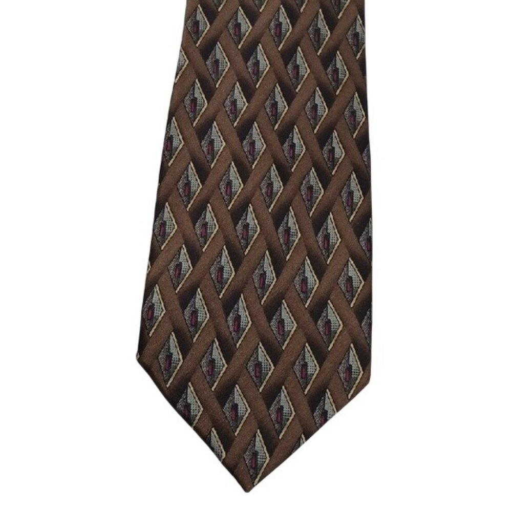 Cocktail Colors Mens Silk Tie Geometric Diamond Pattern Brown Hand Made